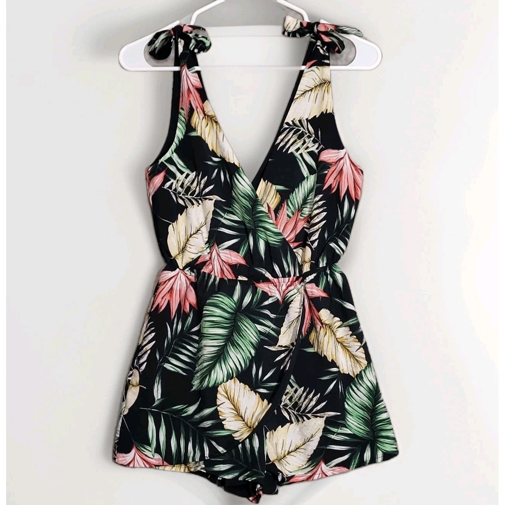 Revolve Superdown Size XS Penelope Palm Front Wrap Romper Navy Blue & Green